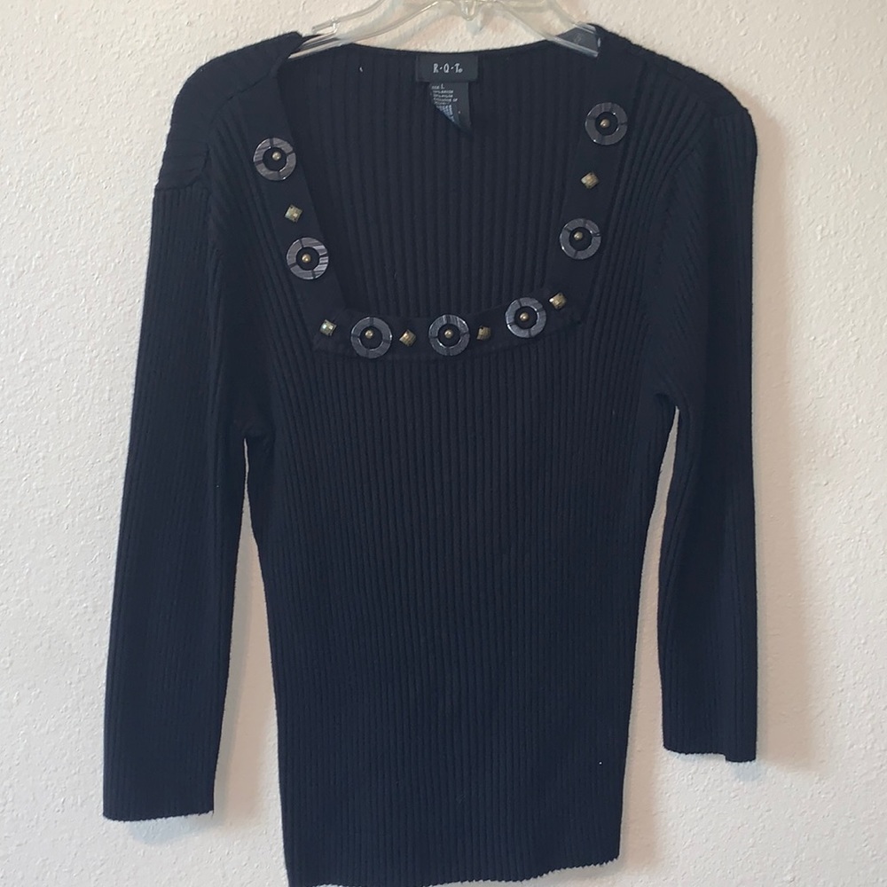 Dark black RQT Long sleeve sweater with square neckline.